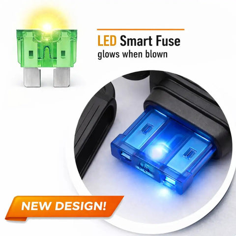 60 Piece Tough As Nails Led Blade Fuse Assortment with smart glow indicator and blue glow on blown fuse.