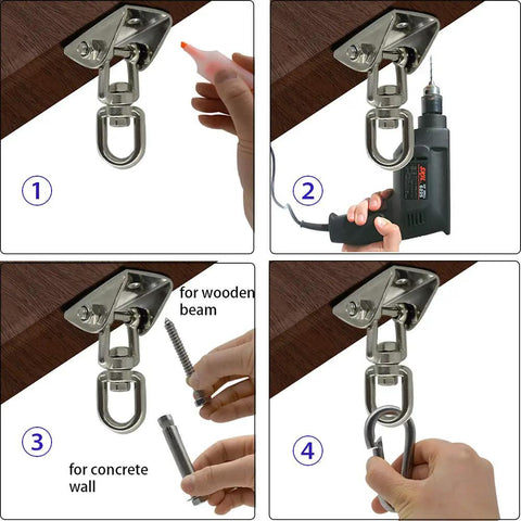 Installation steps for Heavy Duty Hammock Hanging Kit With 39 Inch Swing Chain 1000 Lb Capacity 360 Degree Swivel on beam or wall.