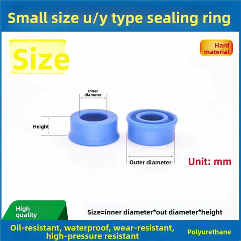Must Have Hydraulic Piston U Cup And PU O Ring Seal Set Ten Piece Assortment For 4mm 5mm 6mm 7mm Sizes Ideal For Pipelines Industrial Equipment Food Processing Automotive Systems And Low Pressure Hydraulics. blue PU U-cup seal with inner and outer diameter labels, mm sizing