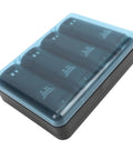 4 In 1 Remote Charging Station With LED Indicator And Built In USB Cable Includes 4x 2800mAh NiMH Rechargeable Batteries For Game Controllers Long Lasting Power Easy Dock And Charge Black, showing four batteries in a sleek black dock with translucent lid.