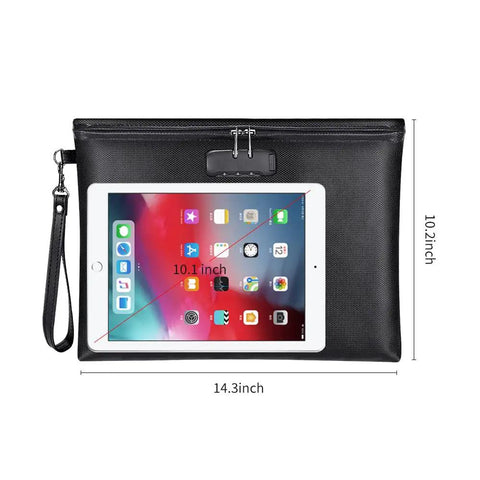 Fireproof and waterproof document bag with lock for A4 papers, cash, passport, phone, tablets; fits 14.3x10.2 inch, black