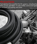 Five Sixteenth Inch High Pressure Push Lock Fuel Injection Hose 5 Ft Long For Fuel System Oil Cooling Steam Emission PCV System And Power Steering Heavy Duty Reinforced Rubber Construction Flexible At Extreme Temperatures From Minus 40 F To 302 F coiled with engine parts visible