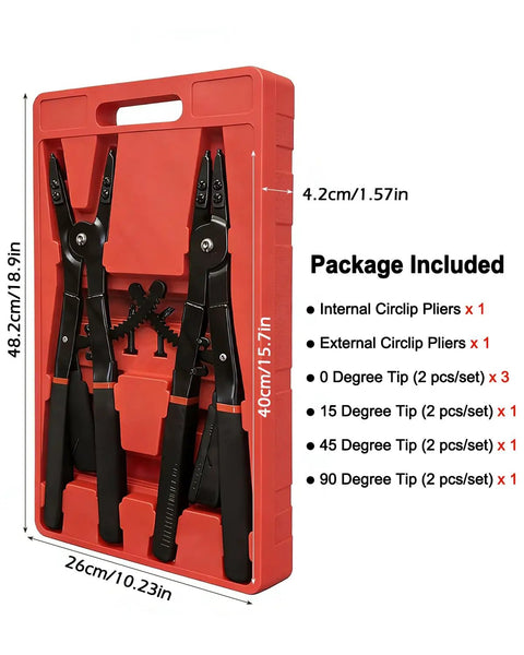 Heavy Duty Circlip Pliers Set 16-Inch Corrosion-Resistant Snap Ring Pliers in red case with multiple tip sizes