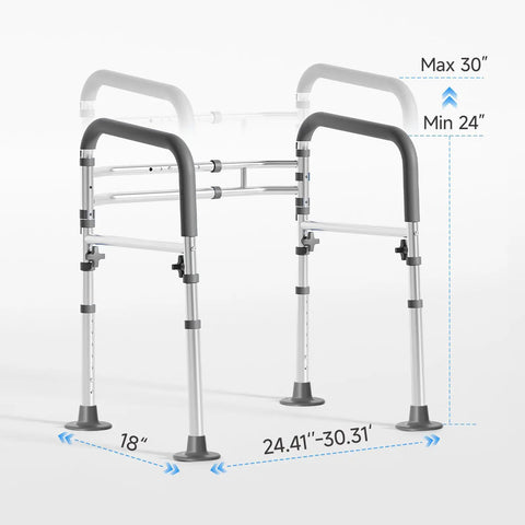Built To Last Adjustable Toilet Safety Frame For Seniors And Adults With Quick Resize Height Bars showing height settings from 24 to 30 inches.
