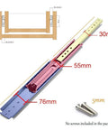 Heavy Duty Triple Panel Soft Close Drawer Slides With Push To Open Design For Bedroom Cabinets, measuring 76mm, 55mm, and 30mm.