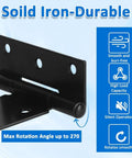 Top Shelf 6 Pack Of 4 Inch T Strap Hinges Straight Up Built Tough Gate Hardware With Included Screws Rock Solid Barn Door And Shed Mounts Rust Proof Black Finish close-up of hinge showing rotation features on a blue background.