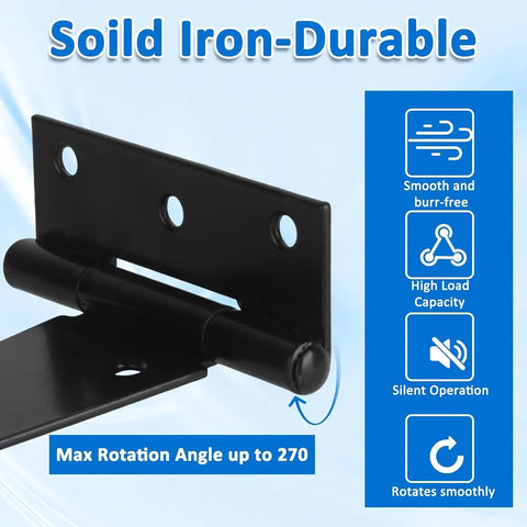 Top Shelf 6 Pack Of 4 Inch T Strap Hinges Straight Up Built Tough Gate Hardware With Included Screws Rock Solid Barn Door And Shed Mounts Rust Proof Black Finish close-up of hinge showing rotation features on a blue background.