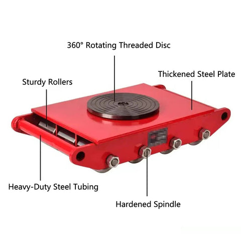 Heavy Duty Steel Roller Trolley Machine Move Skates Industrial Gear Hauler with 360° rotating disc and sturdy rollers.