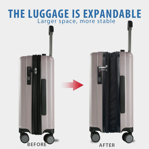 Expandable Hardside Carry-On Luggage With Spinner Wheels Built-In TSA Lock And USB Port 20-Inch before and after expansion