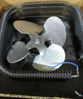 Heavy Duty Kick Butt Air Heater 240 Volt 2000 Watt Delivers 6826 Btu inside a cardboard box with wires and metal fan.