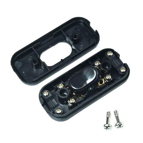 Open view of black Lamp Switch Kit 250V 6A DPST On Off Rocker Switch with screws, showing internal wiring components