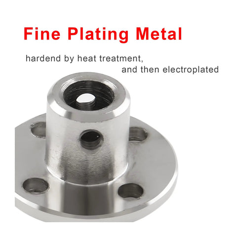 Close-up of 6mm bore flange shaft coupling showing heat-treated iron construction, fine plating, and bolt holes for secure DIY RC motor connections.