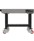 Real Deal Heavy Duty Welding Fixture Table 48x30 Inch Garage Rig With Tough Laser Cut Grid Holes Smooth Rolling Locking Casters And Quick Snap Handle Silver Usa Made side view showing locking casters and grid design.