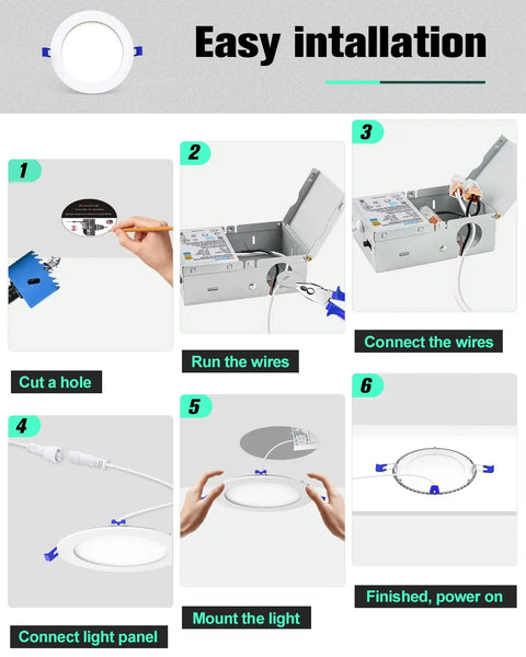 Sixteen Pack 6 Inch Ultra Thin Canless LED Recessed Lights With Junction Box 2700K To 5000K installation steps diagram