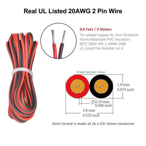 High Density LED Strip Connector Kit For 12mm 2 Pin SMD And COB Light Strips with 9.8 Feet of 20AWG cable illustration