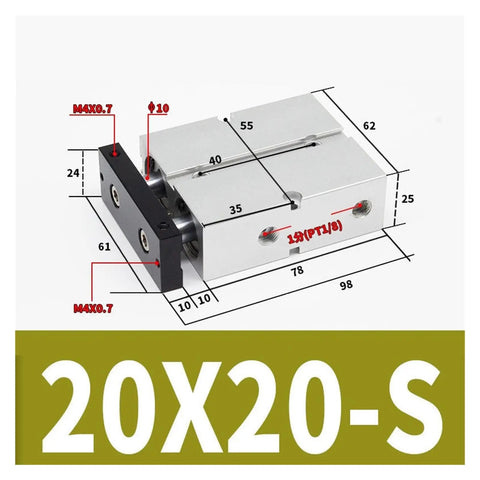 Dual Shaft Pneumatic Actuator TN20X20S With Compact Stroke 1/8 Port, Guide Rail For Linear Motion, technical dimensions shown.