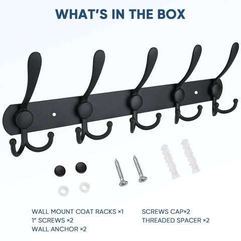 Wall Mounted Coat Rack With Five Heavy Duty Tri Hooks Easy To Mount All Metal Construction Matte Black Finish with installation hardware