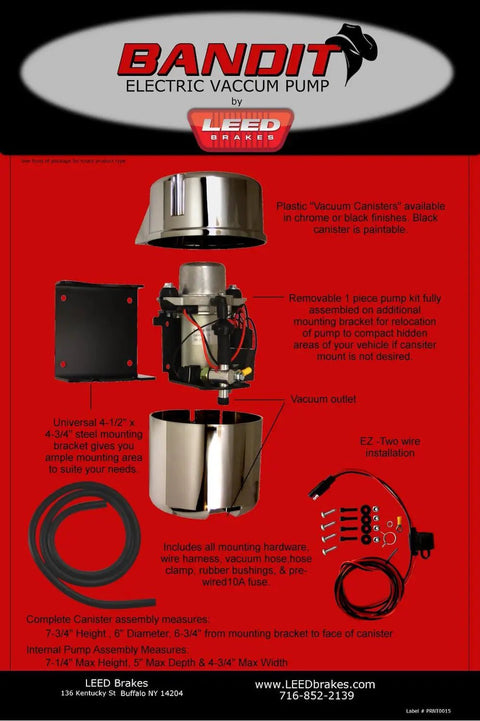 Chrome Bandit Electric Vacuum Pump 12 Volt Underhood Kit with chrome canister, wires, and mounting bracket.