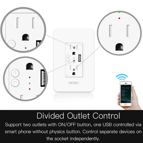 Smart WiFi In Wall Outlet With USB And Type-C Ports, 15A Divided Socket, Remote Control Via Smart Life Tuya App, detailed view