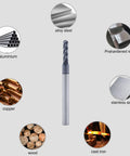 Carbide Ball Nose End Mill Bit 3/32 Inch Diameter 1/8 Inch Shank Four Flute CNC Router Bit For Hardened Steel Wood Aluminum AlTiN Coating surrounded by images of compatible materials.