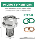 YSFER M12.1-1.5 x 15mm Oversize Piggyback Oil Drain Plug Stainless Steel Car Oil Pan Thread Repair Kit With Hex Wrench And O-Ring, dimensions shown