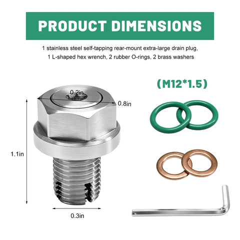 YSFER M12.1-1.5 x 15mm Oversize Piggyback Oil Drain Plug Stainless Steel Car Oil Pan Thread Repair Kit With Hex Wrench And O-Ring, dimensions shown