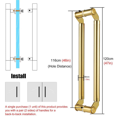 Hotel Glass Door Handle, Modern Round Push Pull With Install Fittings, Gold Finish 120cm, Durable Metal Lever, Rust Resistant 304 Stainless Steel