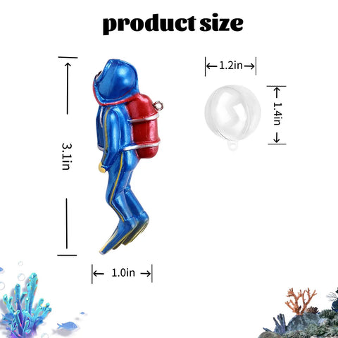 Ultra Realistic Tiny Diver Aquarium Decor Floating Ornament With Line And Suspension Ball shown with dimensions