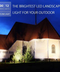 Two Pack 12W LED Landscape Lights illuminate church exterior at night, highlighting architecture and trees, 900 Lumens warm white 3000K