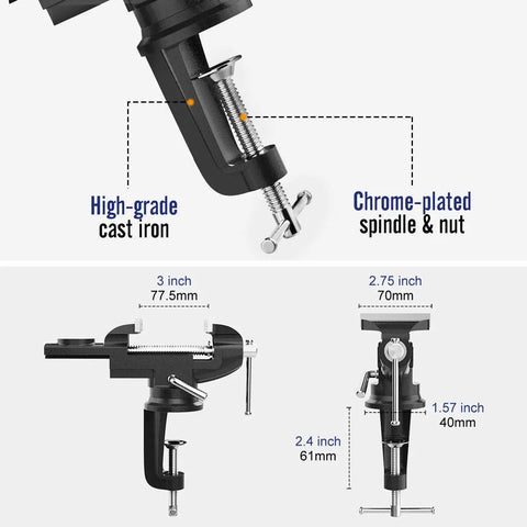 3 Inch Universal Swivel Base Table Vise With 360 Degree Rotation Portable Bench Clamp featuring dimensions and specifications.