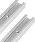 Close-up of 48 inch aluminum T-track rails with double cut profile and predrilled mounting holes from Aluminum T Track Kit 8 Pack.