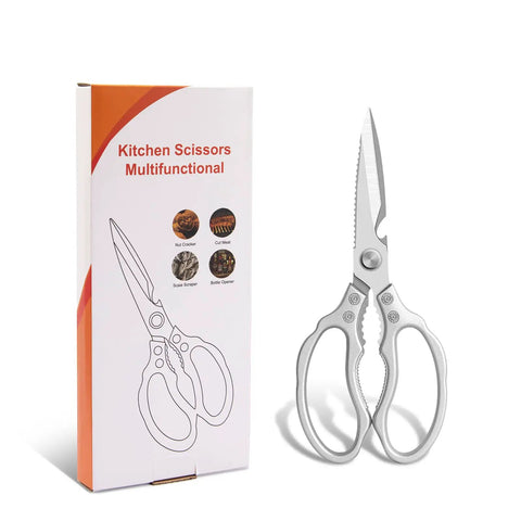 Heavy Duty Kitchen Scissors Multi Purpose Shears For Chicken Poultry Fish Meat And Herbs Dishwasher Safe With Non Slip Grips Extra Thick 3.5 mm Blades Built Tough For Everyday Kitchen Snipping, silver on box