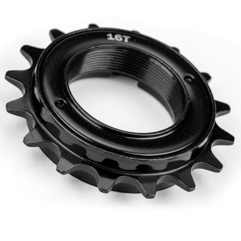 16T Single Speed Bicycle Freewheel Half By Eighth Inch Threaded Type Black Replacement Part showing teeth and threading detail