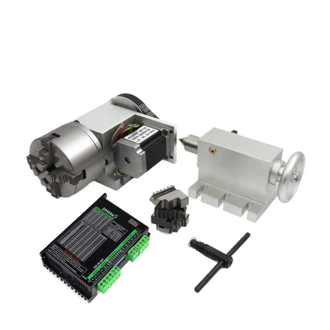Pro Level Cnc Rotary Table Fourth Axis Rig Equipped With Nema23 Motor And Driver Plus 100Mm Four Jaw Chuck And 65Mm Mt2 Tailstock showing motor, chuck, and driver.