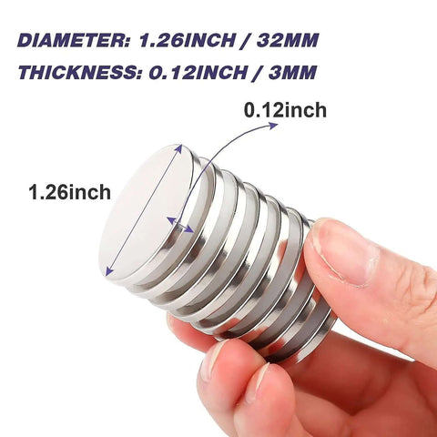 Hand holding six pack super strong neodymium disc magnets with double sided adhesive for fridge DIY projects craft office and scientific use heavy duty rare earth magnets 1.26 inch diameter by 1/8 inch thick