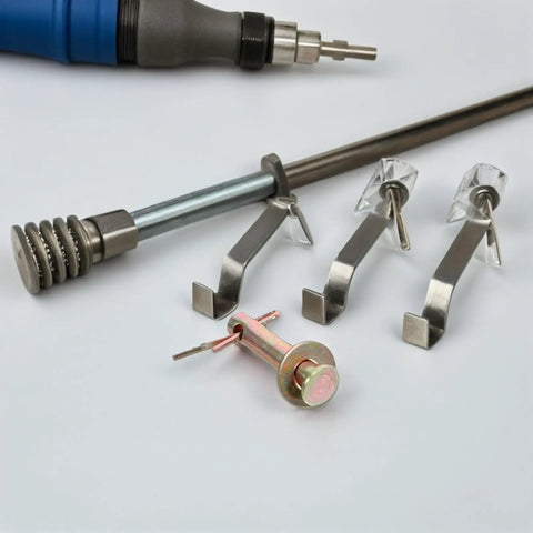Heavy Duty Metal Shear Pins With Locking Mechanism For Ceiling Fan Pulley And Receiver Trailer Hitches displayed with fasteners and tools.
