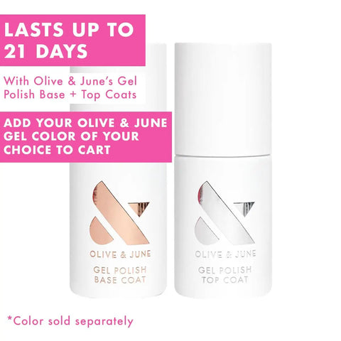 All In One Gel Mani Kit For At Home Nail Care With Pro Quality LED Lamp Gel Base Coat Gel Top Coat bottles on display