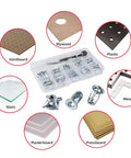 Quarter Inch Ultra Heavy Duty Threaded Insert Jack Nuts With Installation Tool Premium Rivnut Assembly Kit For Hardboard Plywood Sheet Metal No Sweat Fastening System displayed with various materials in a kit.