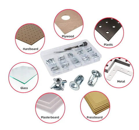 Quarter Inch Ultra Heavy Duty Threaded Insert Jack Nuts With Installation Tool Premium Rivnut Assembly Kit For Hardboard Plywood Sheet Metal No Sweat Fastening System displayed with various materials in a kit.