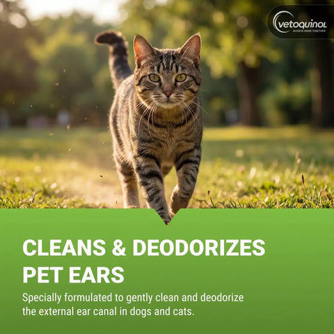 Tabby cat walking outdoors promoting Gentle Ear Cleaning Solution For Cats And Dogs, Easy To Use Drops That Remove Dirt And Debris.