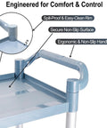 Close-up of Three Tier Rolling Utility Cart handle showing spill-proof rim and ergonomic non-slip handles.
