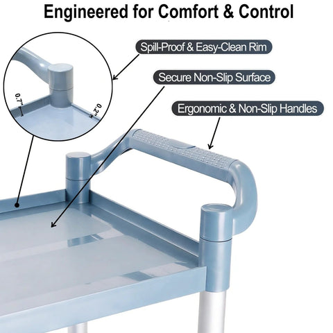 Close-up of Three Tier Rolling Utility Cart handle showing spill-proof rim and ergonomic non-slip handles.