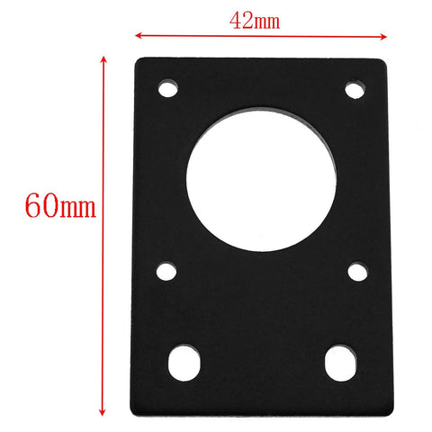 Black flat motor mount plate for Nema 17 stepper, 42mm central hole, four corner mounting holes.
