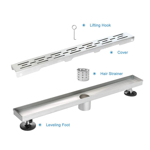 24 Inch Linear Shower Drain With Bar Pattern Grate Stainless Steel AISI 304 Built To Last Rustproof And Fast Drainage Components