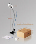 LED Clip On Reading Light With Dimmable Brightness, 3 Modes And 10 Levels, flexible clamp, packaging, matte silver finish.