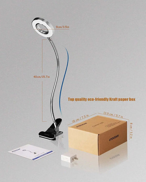 LED Clip On Reading Light With Dimmable Brightness, 3 Modes And 10 Levels, flexible clamp, packaging, matte silver finish.