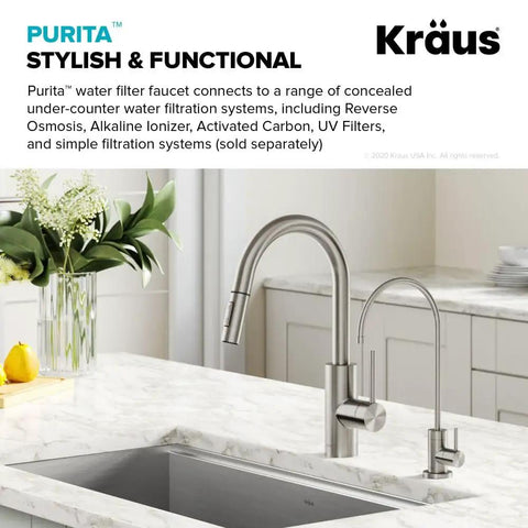 Purita No Lead Kitchen Water Filter Faucet With Spot Free Stainless Steel Finish near sink for filtered water on demand