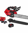 M18 FUEL 14-Inch Top Handle Chainsaw Kit with Brushless Powerstate Motor, charger, and battery shown