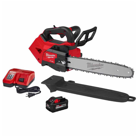 M18 FUEL 14-Inch Top Handle Chainsaw Kit with Brushless Powerstate Motor, charger, and battery shown