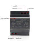 Front view of Ultra Slim 100W DIN Rail Power Supply with 100-240V input and multiple outputs, shown with labels for automation use.
